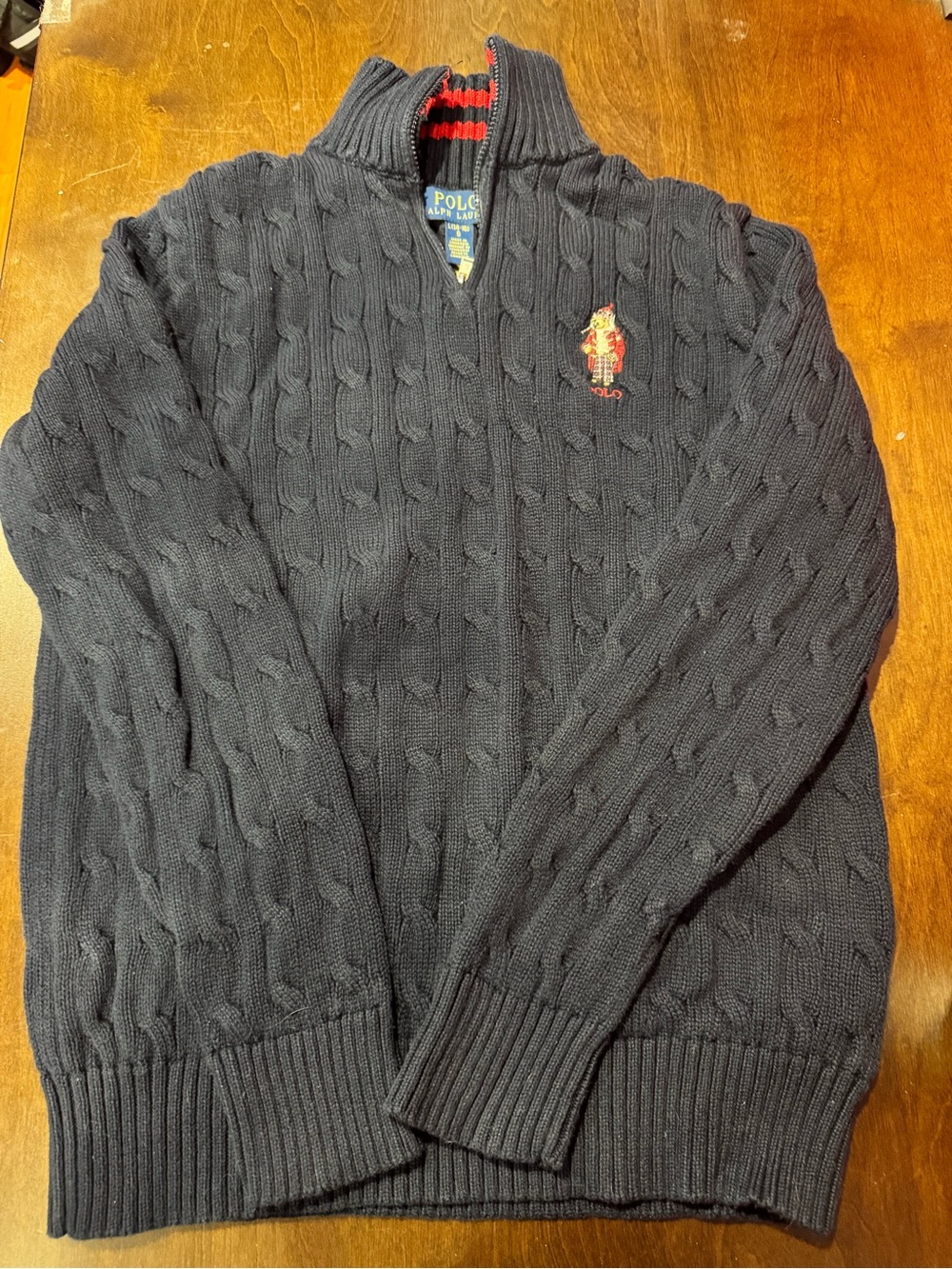 Polo by Ralph Lauren Navy Cable-Knit Mock Neck Sweater with Red Crest